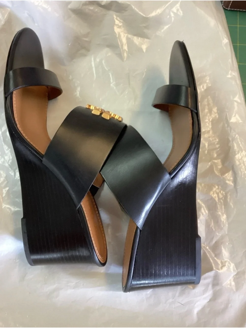Tory Burch Black Leather Slide Sandals with Gold Logo